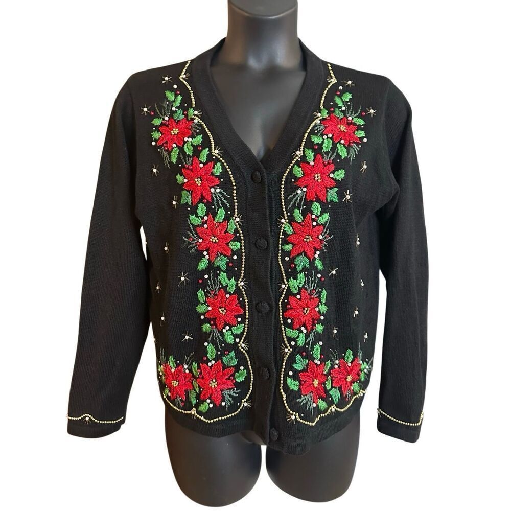 B.P. Design Women's Black Embroidered Christmas Ugly Cardigan Sweater Medium